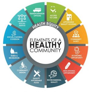 Elements of a healthy community include access to care, affordable quality housing, community safety, economic opportunity, educational opportunity, environmental quality, quality affordable food, community design, parks & recreation, social/cultural cohesion, social justice, transportation options, and health equity.