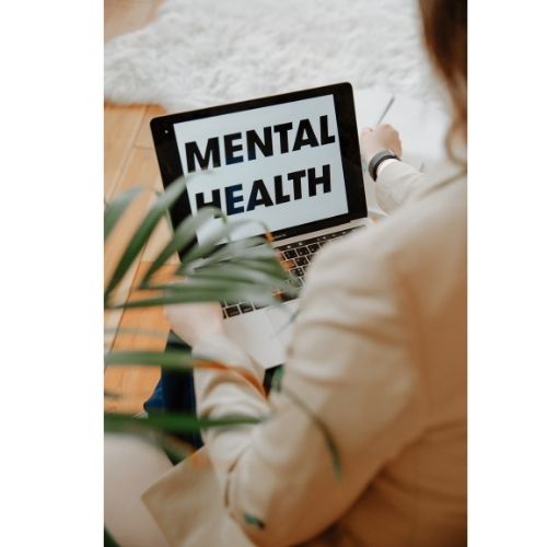 Person working on laptop with Mental Health written on the screen