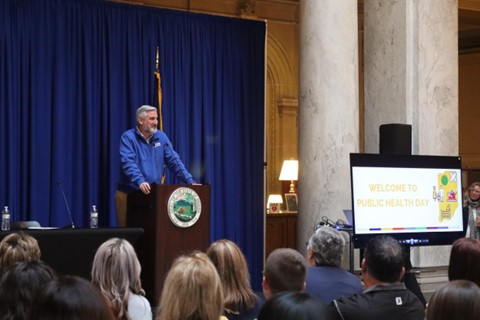 Indiana Governor Eric J. Holcomb speaks to public health professionals and advocates during Public Health Day at the Statehouse.