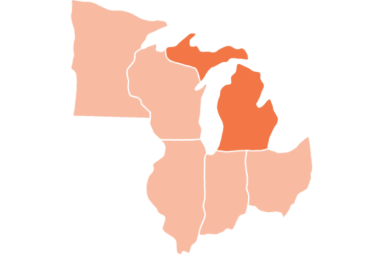 Map of Minnesota, Wisconsin, Illinois, Indiana, Ohio, and Michigan, with Michigan being highlighted