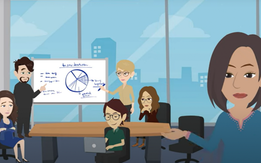 Still from Center for Healthy Work teaser video showing cartoon characters at work