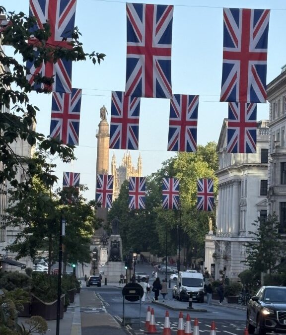 street with UK flags