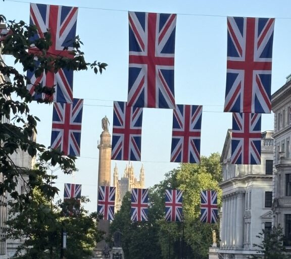 street with UK flags